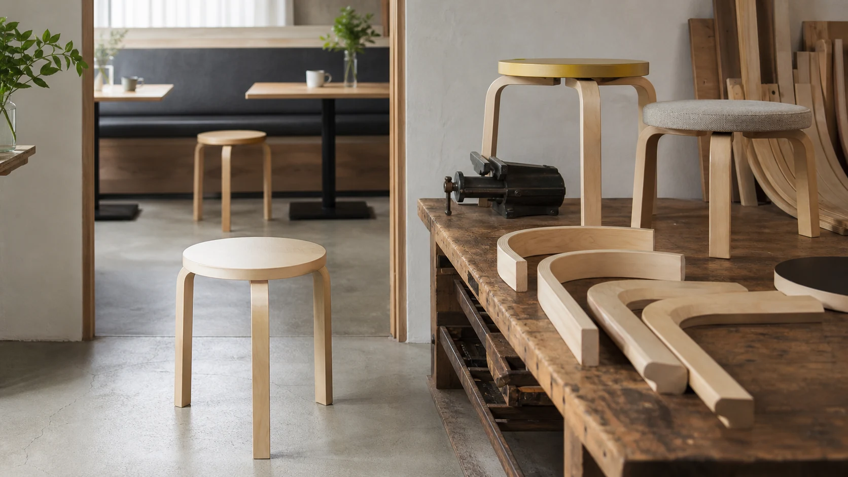 スツール60の仕上げ別の価格、L字脚、寸法、生涯保証を整理するイメージ