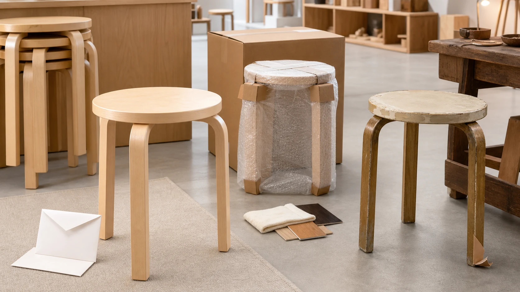スツール60の販売ルートをArtek公式・正規店、モール・百貨店、並行輸入・中古で比較するイメージ
