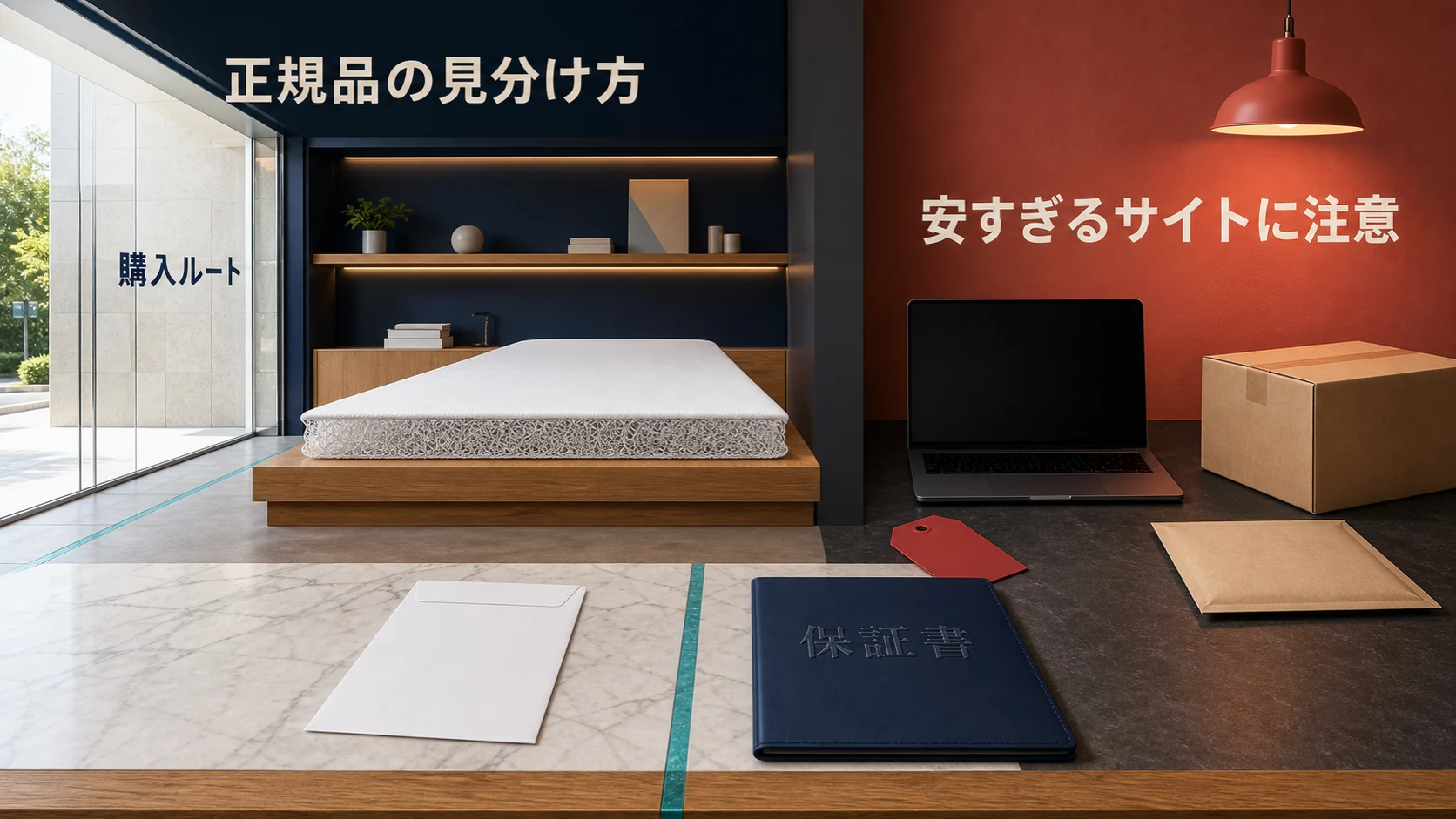 エアウィーヴの正規品を購入ルートと保証書で確認し、安すぎるサイトを避ける方法を示す画像