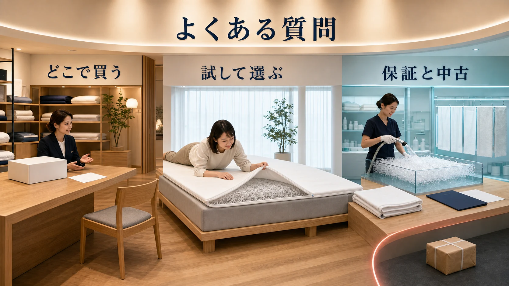 エアウィーヴのよくある質問を、どこで買う・試して選ぶ・保証と中古の三つに整理した画像