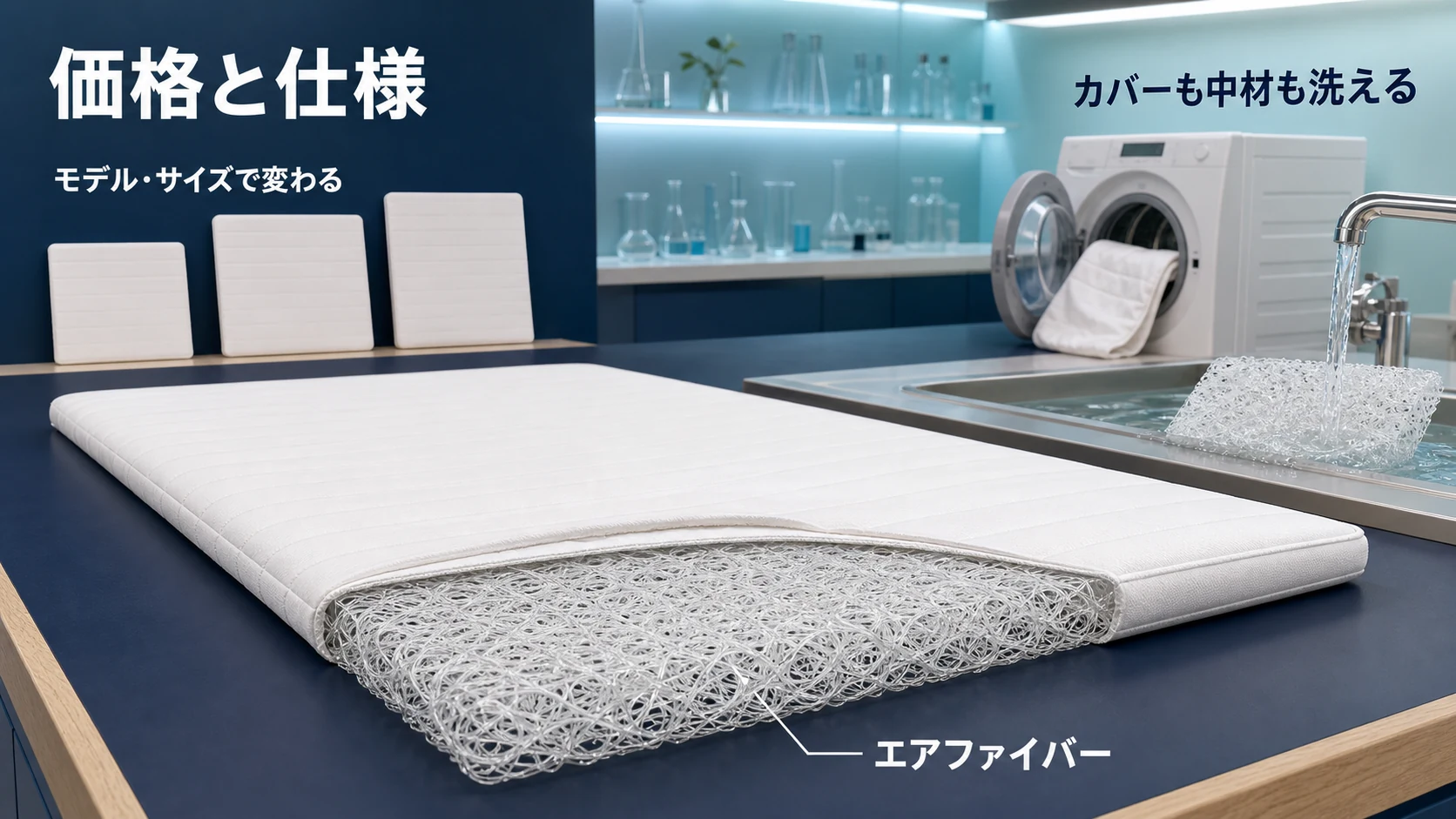 エアウィーヴの価格はモデルとサイズで変わり、エアファイバーとカバーを洗える仕様を示す画像