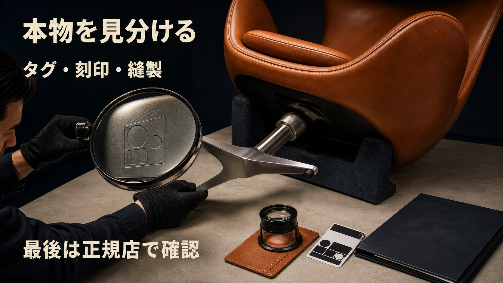 エッグチェアの正規品をタグ、底面刻印、縫製、正規店で確認する方法を示す画像