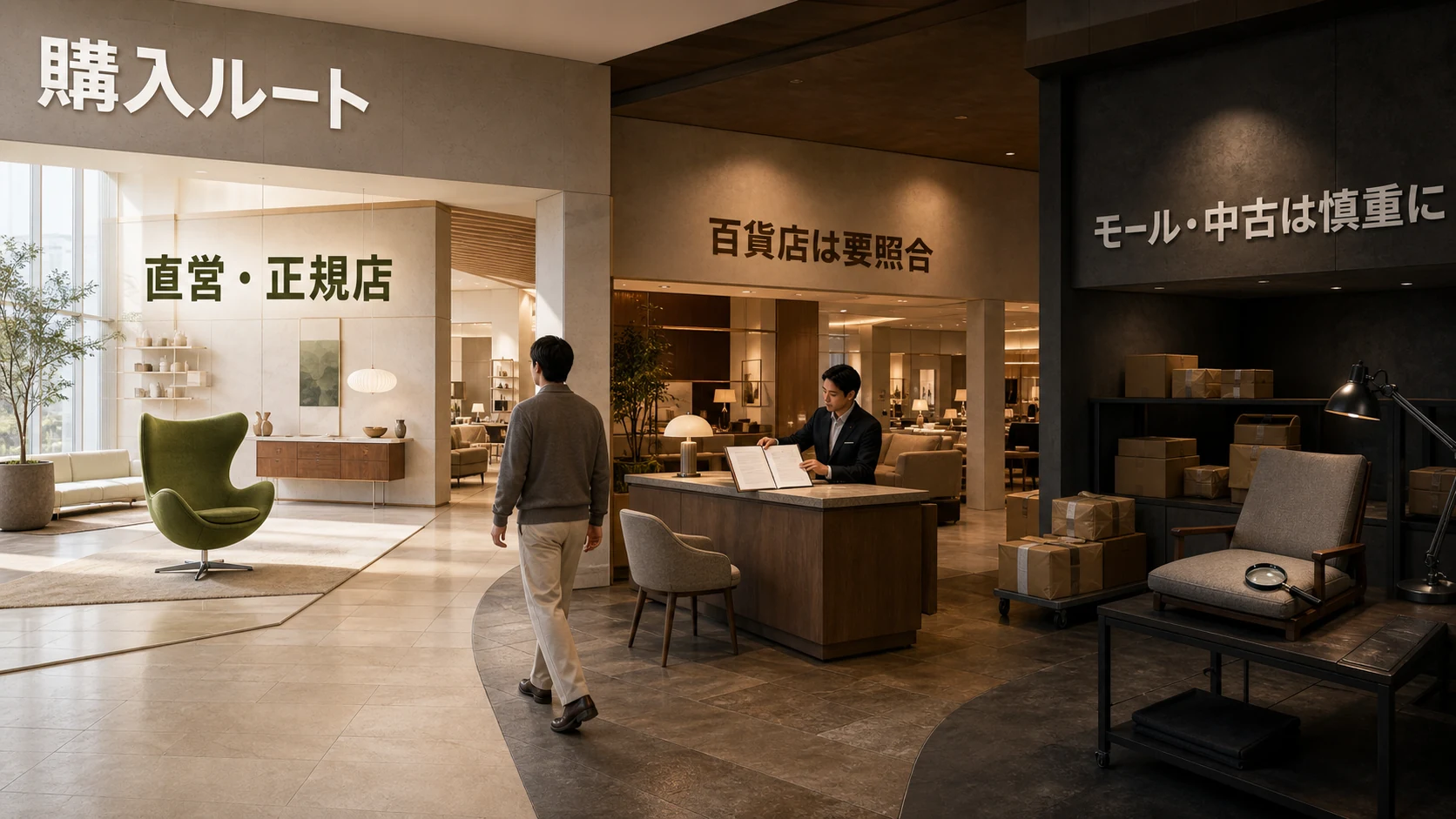 エッグチェアの購入先を直営・正規店、要照合の百貨店、慎重に見るモール・中古に分けた画像