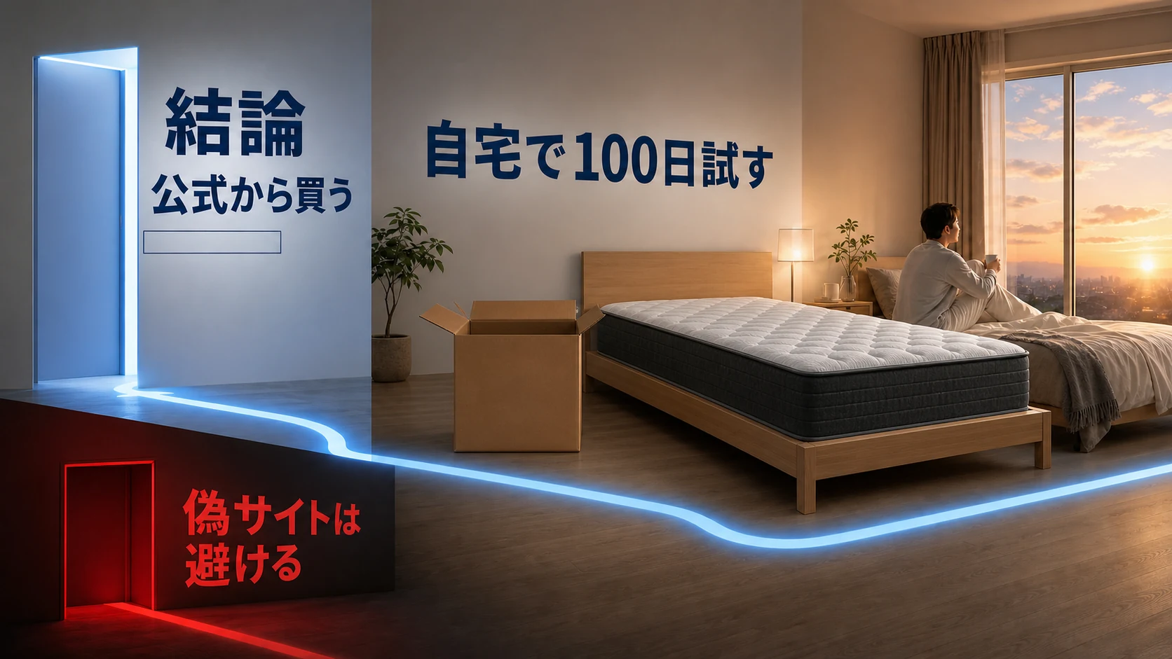 エマ・スリープを公式から購入し、自宅で100日試して偽サイトを避ける結論を示す画像