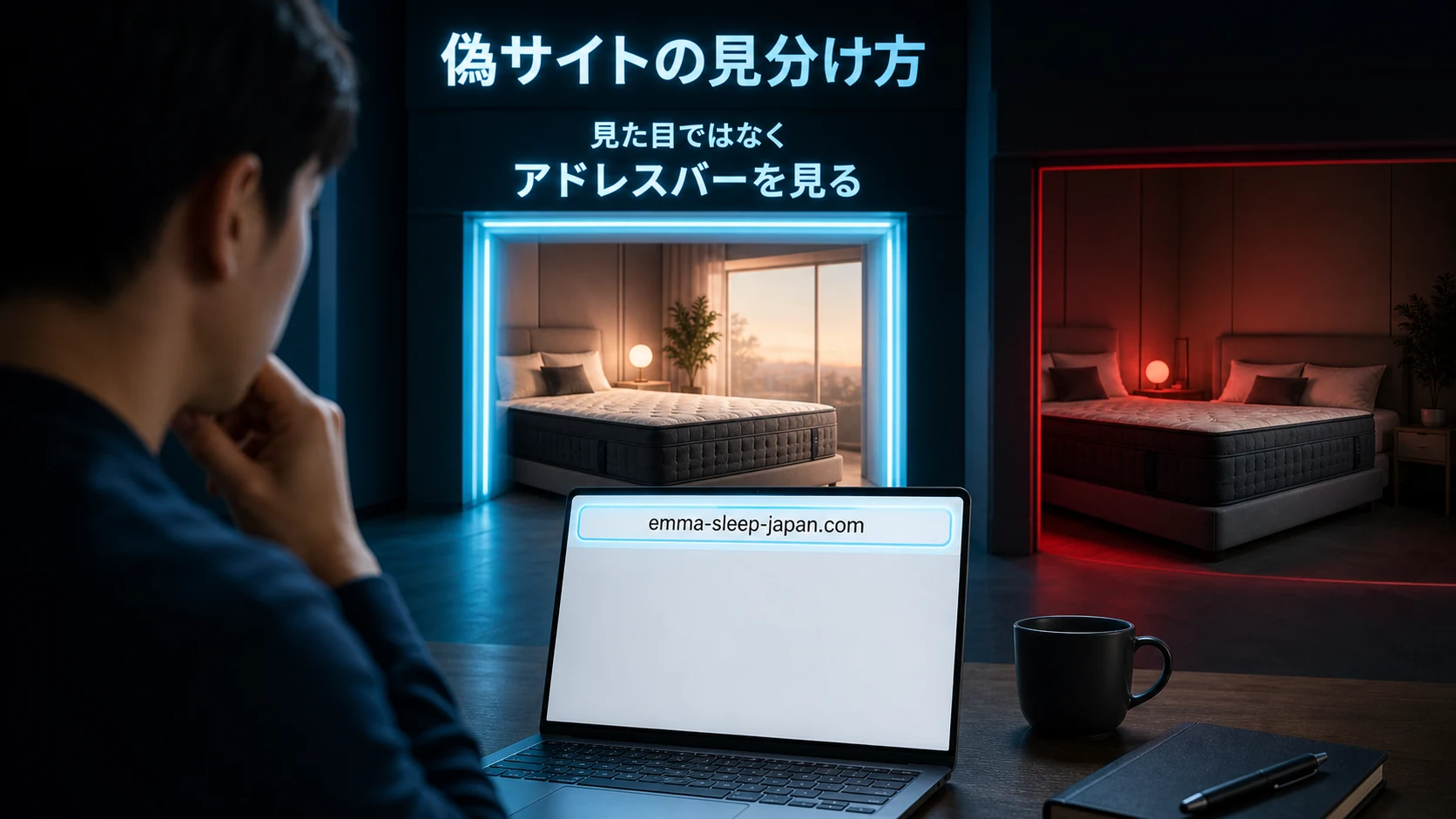 エマ・スリープの偽サイトを見た目ではなくアドレスバーの正規ドメインで見分ける画像