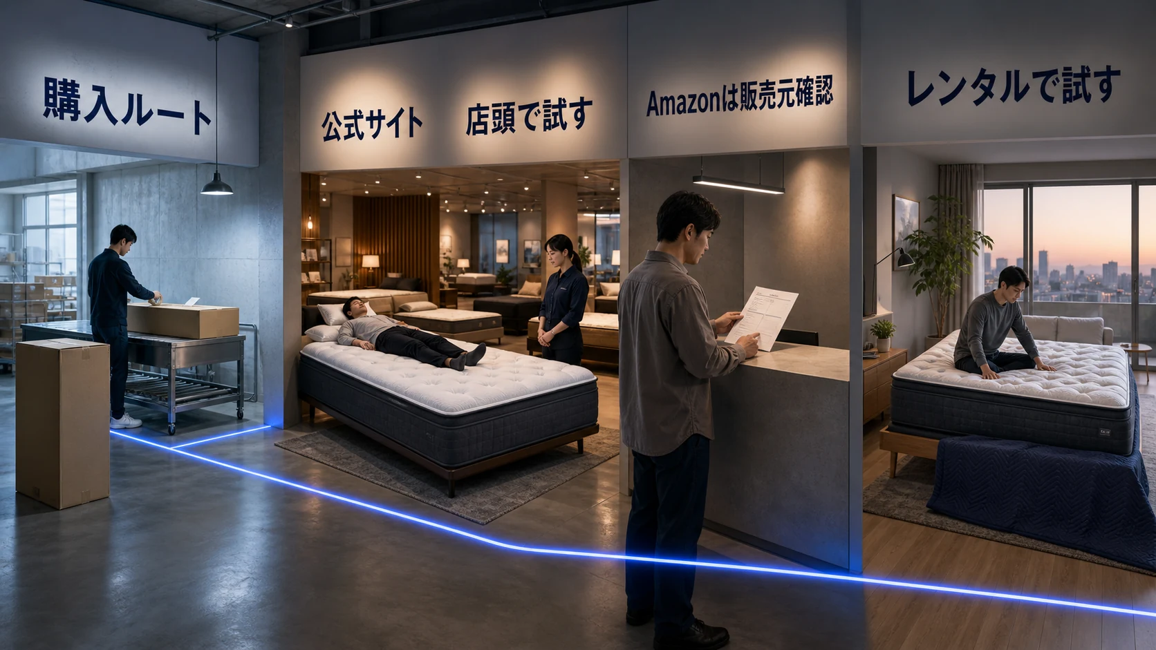エマ・スリープの公式サイト、店頭、Amazon販売元確認、レンタルという購入・試用ルートを整理する画像