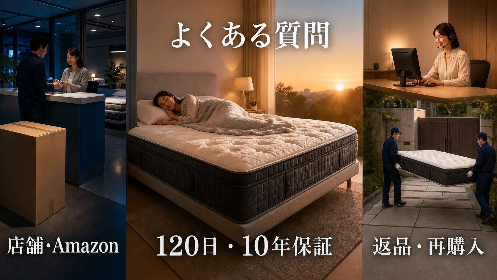 NELLの120日トライアル・10年保証・店舗・Amazon・返品・再購入に関する質問を購入後の流れでまとめた画像