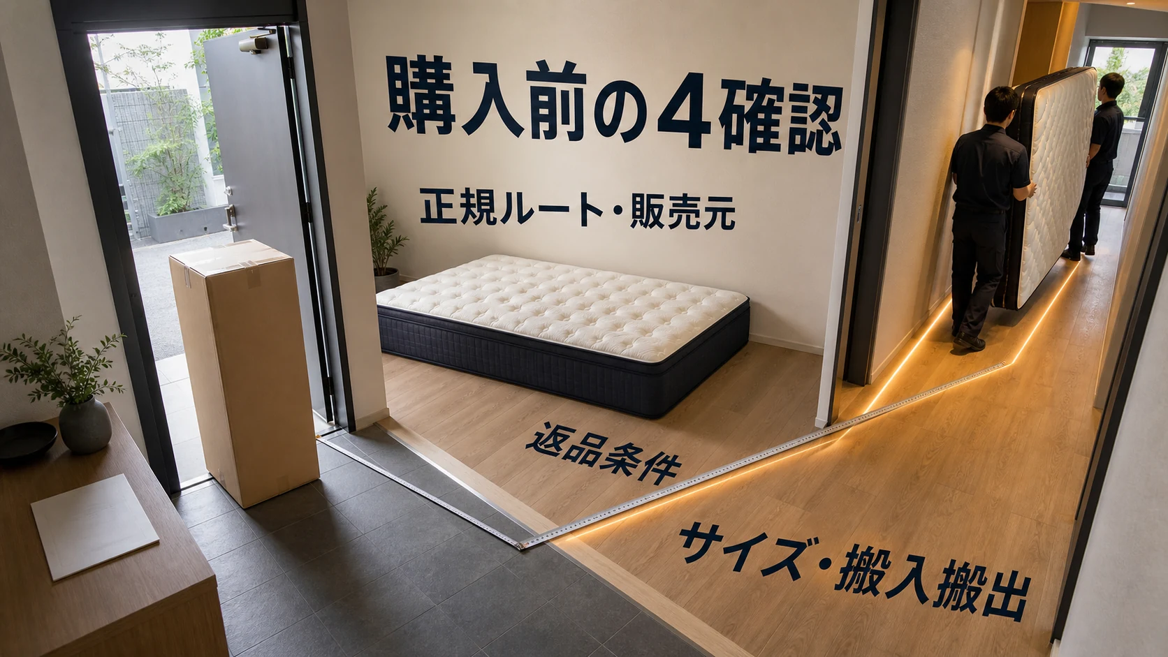NELL購入前に正規ルートと販売元、返品条件、サイズ、圧縮搬入と実寸搬出経路を確認する画像