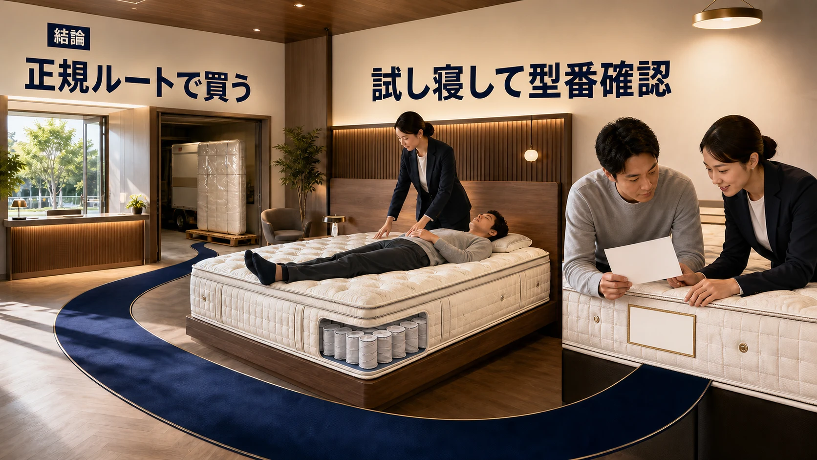 シモンズは正規ルートで買い、店頭で試し寝して型番を確認するという結論を示す画像