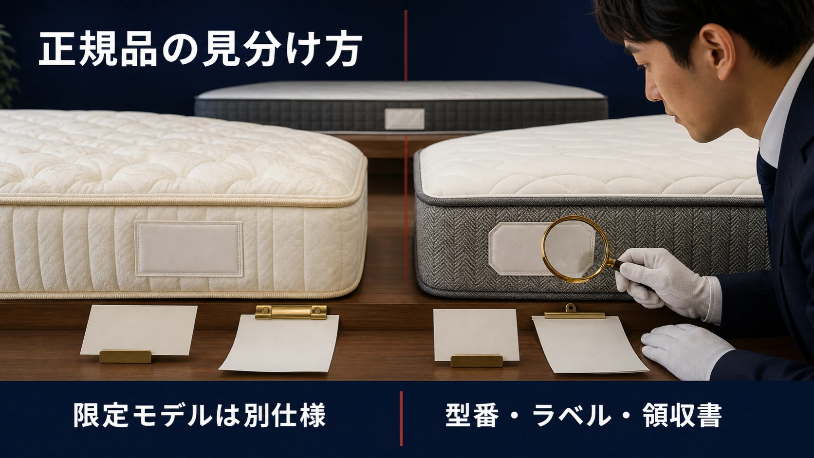 シモンズの純正モデルと流通限定モデルを、型番・品質表示ラベル・領収書で別仕様として見分ける画像