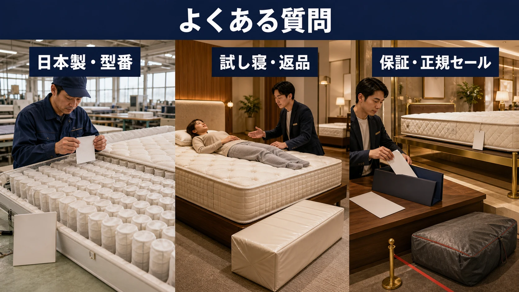 シモンズのよくある質問を、日本製と型番、試し寝と返品、保証と正規セールの三つに整理した画像