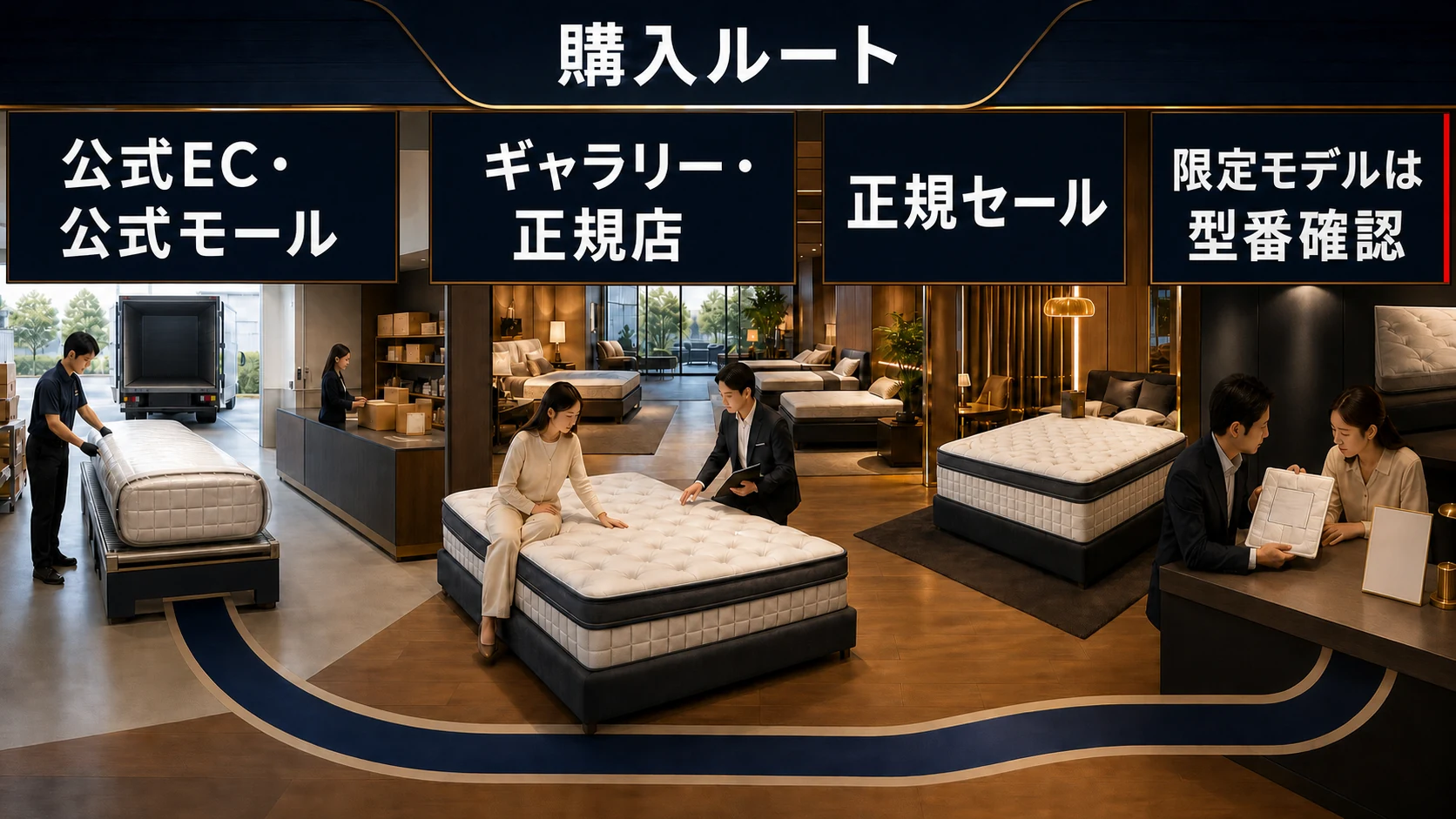 シモンズの公式EC・公式モール・ギャラリー・正規店・正規セールと、型番確認が必要な限定モデルを整理する画像