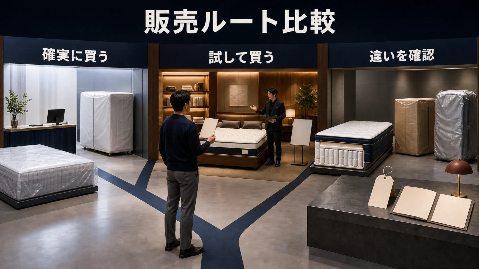 シモンズの販売ルートを、確実に買う・試して買う・限定や中古の違いを確認するの三つで比較する画像